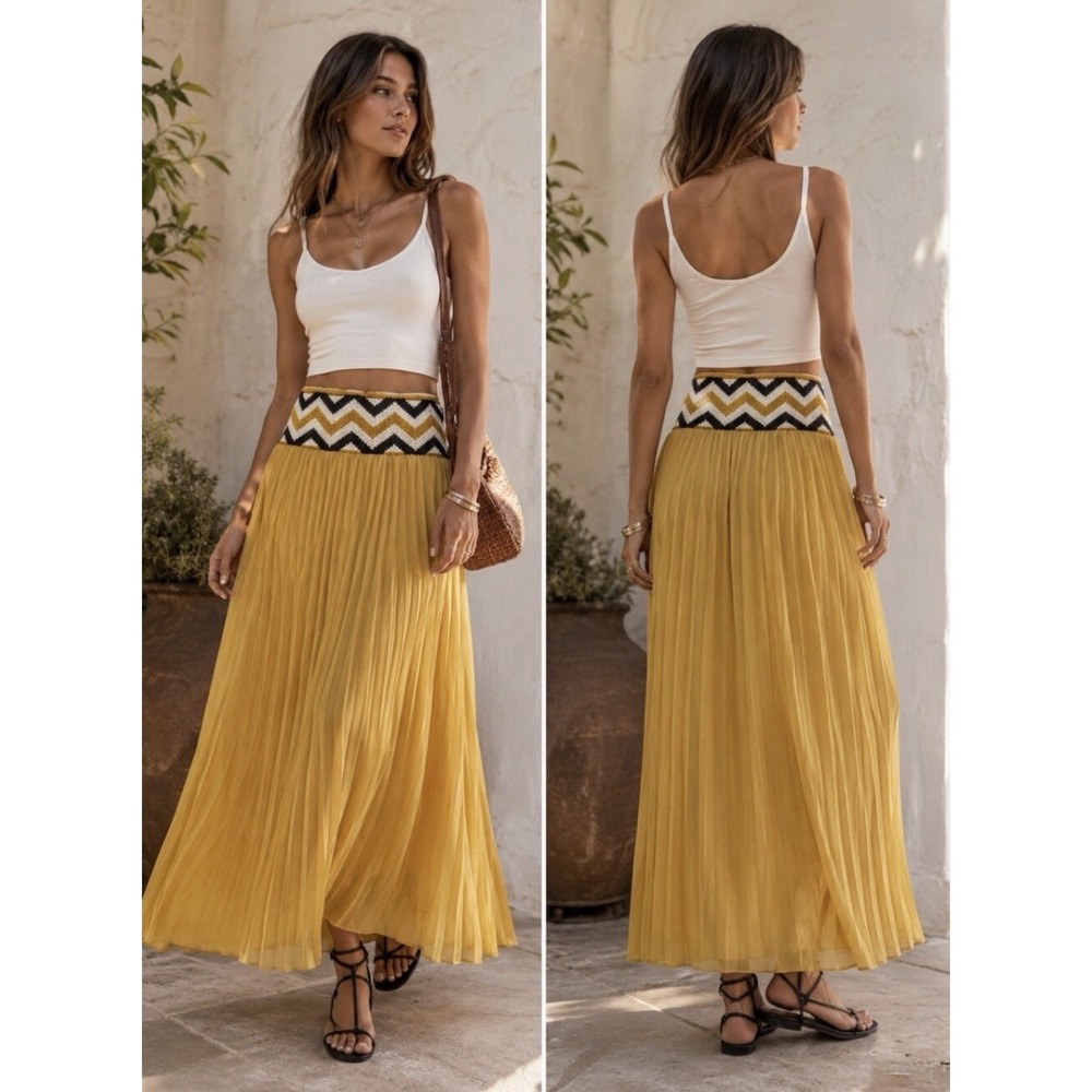 Anthropologie Dear Creatures Pleated Maxi•Large High Waisted Global Boho Mustard